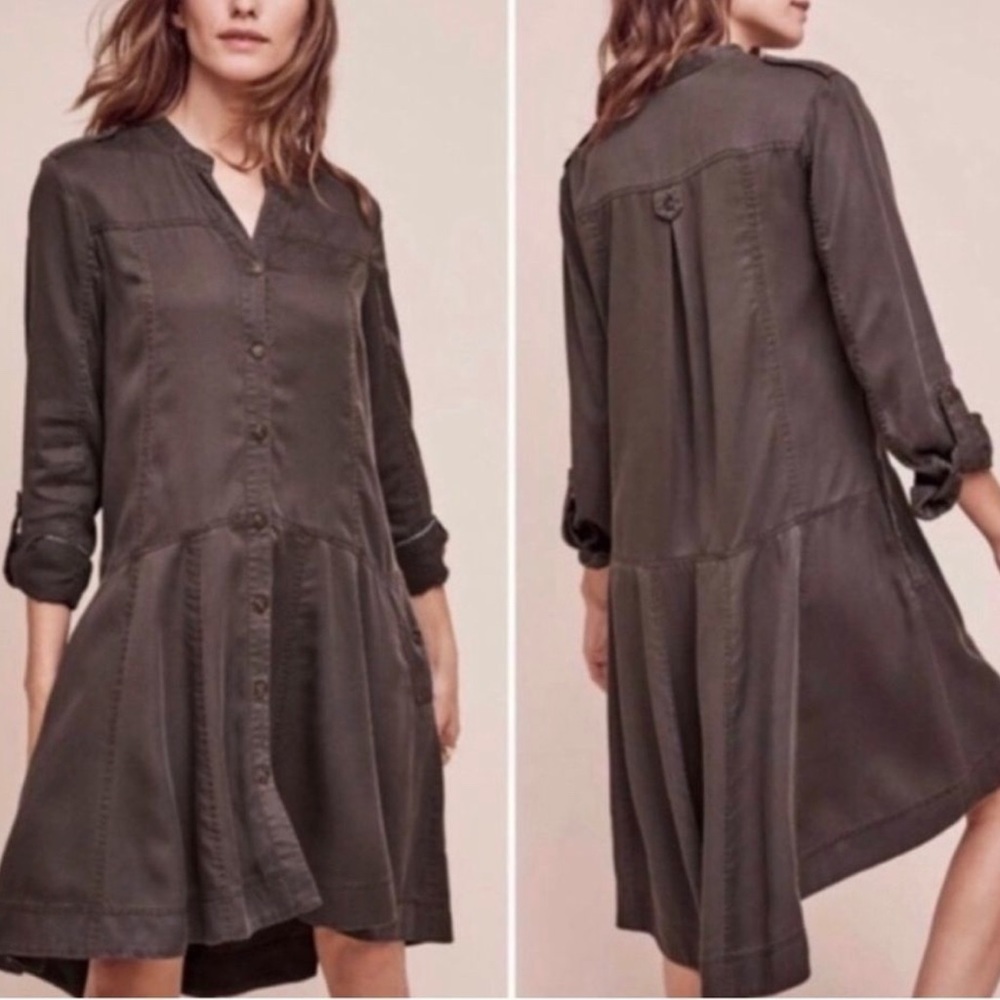 Anthropologie Olive Green High-Low Button-Front Dress